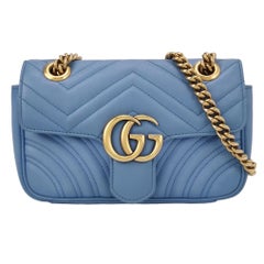 Gucci Marmont Mini Flap Blue Calfskin Leather Handbag Gold Hardware