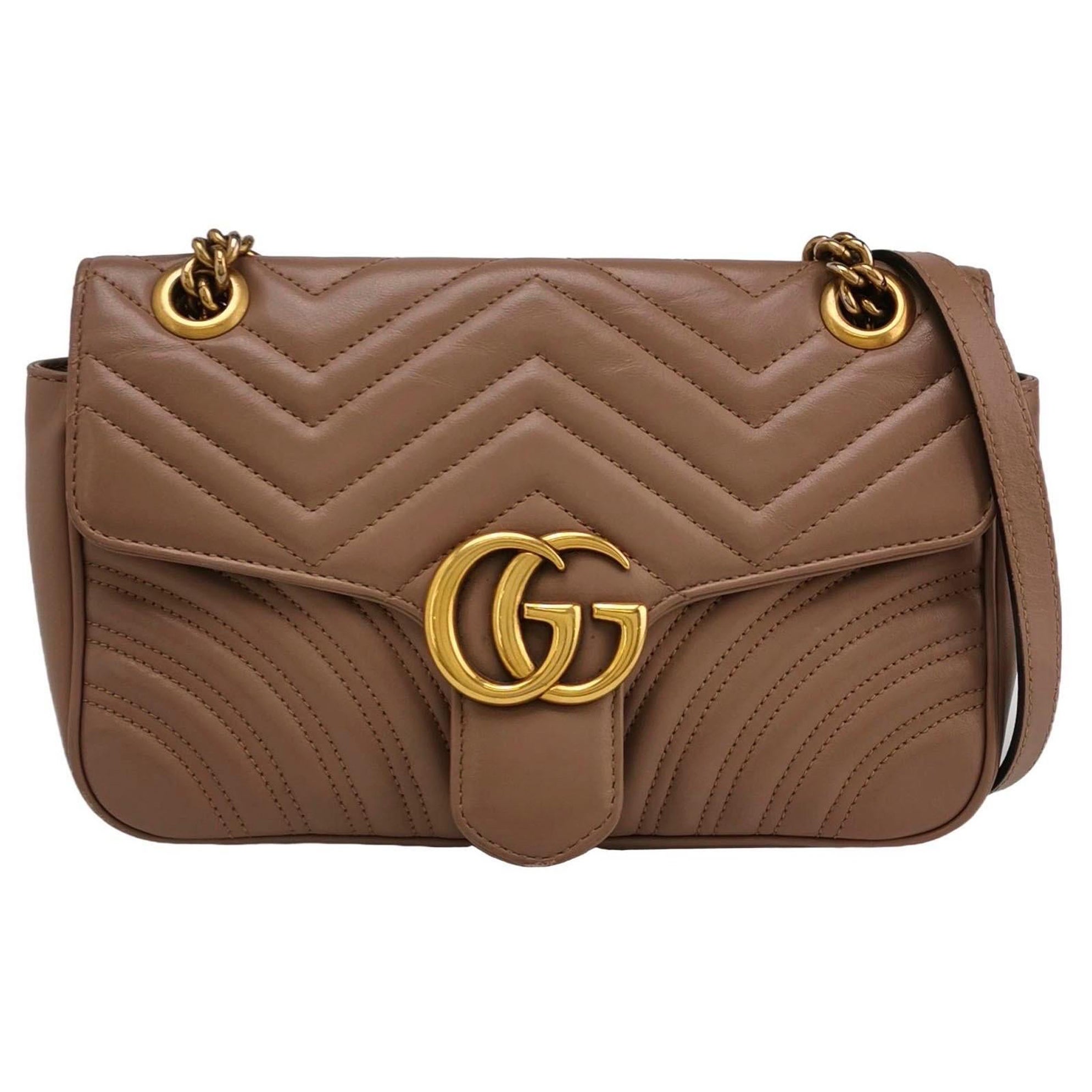 Gucci Marmont Small Flap Beige Calfskin Leather Handbag Gold Hardware