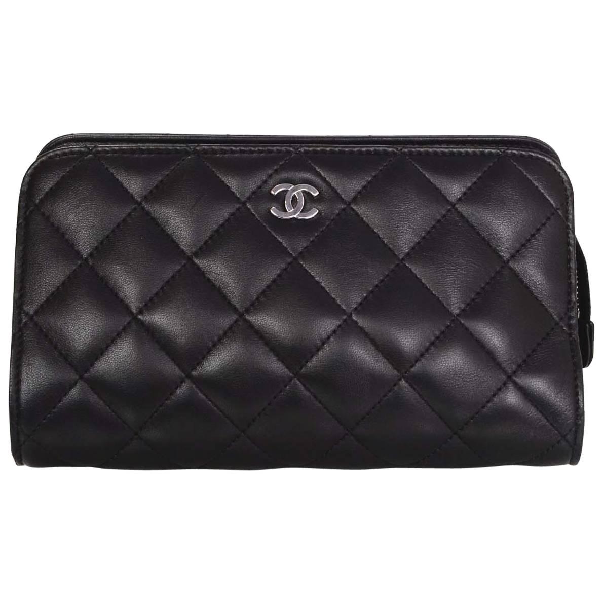 Chanel Black Lambskin Leather Quilted Cosmetic Bag/Clutch w/ Leather Lining