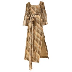 1970s Pauline Trigere brown metallic silk print summer dress