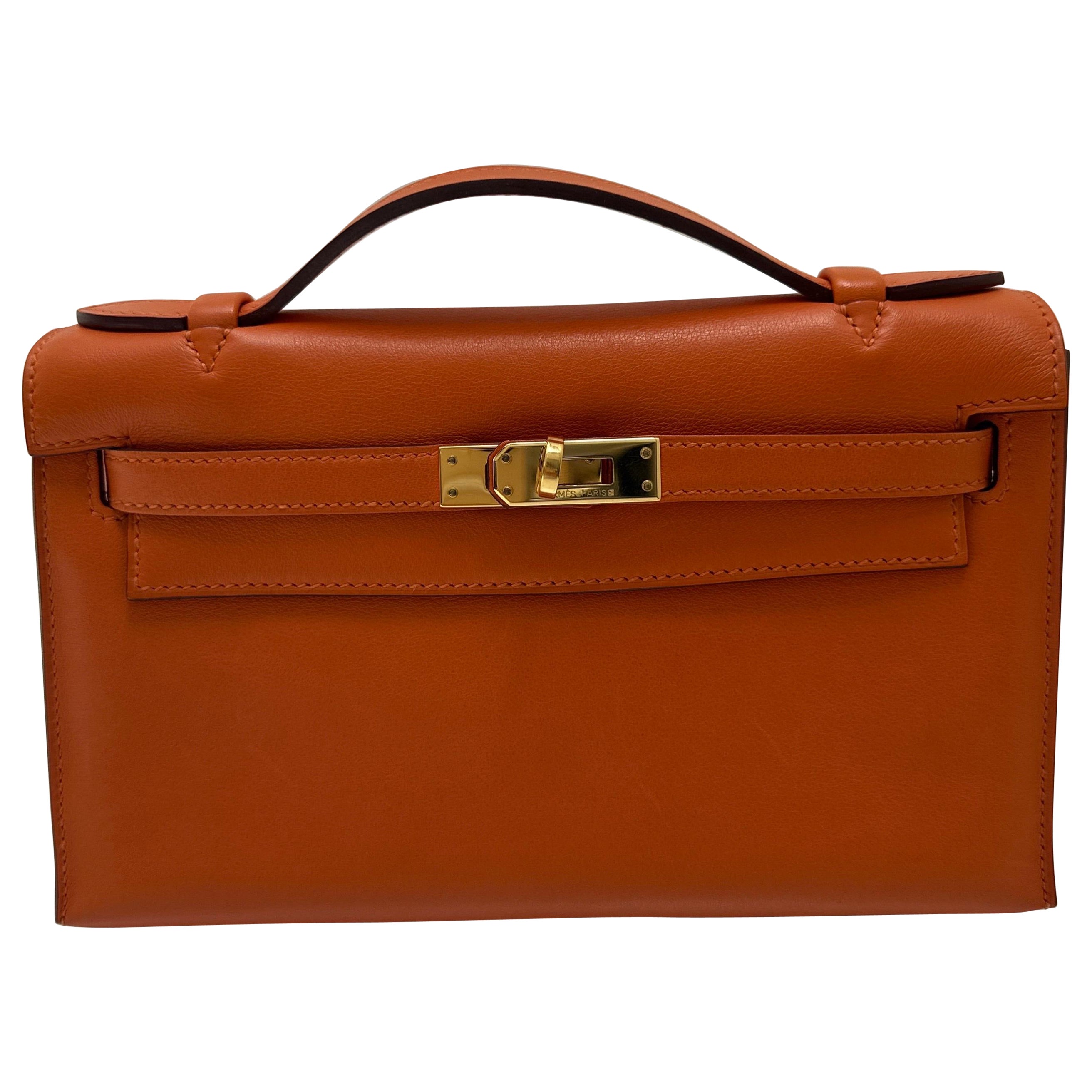 Hermes Kelly Pochette Feu Orange Swift Pelle Hardware Oro