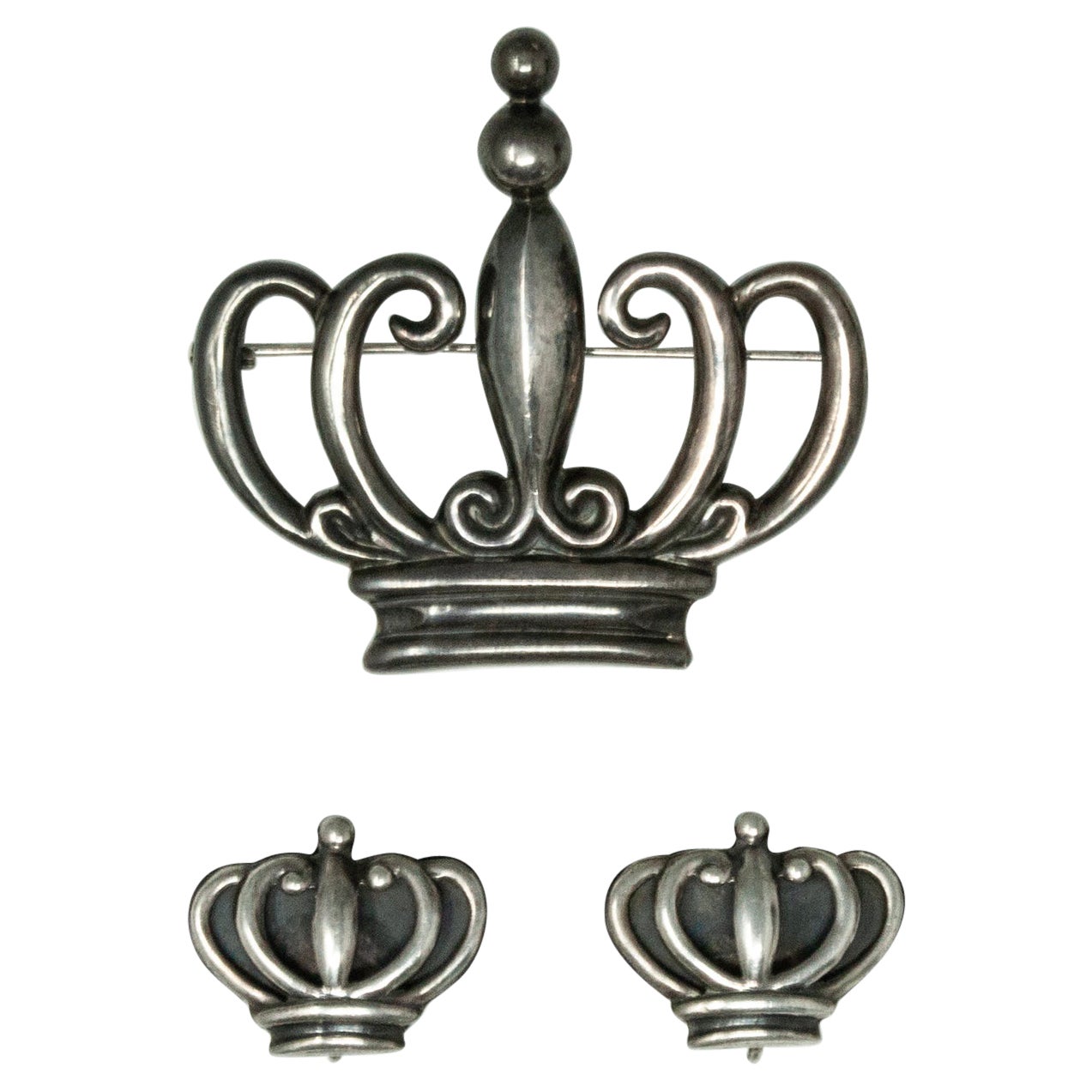Margot de Taxco Sterling Silver Crown Brooch and Earrings For Sale