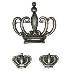 Margot de Taxco Sterling Silver Crown Brooch and Earrings