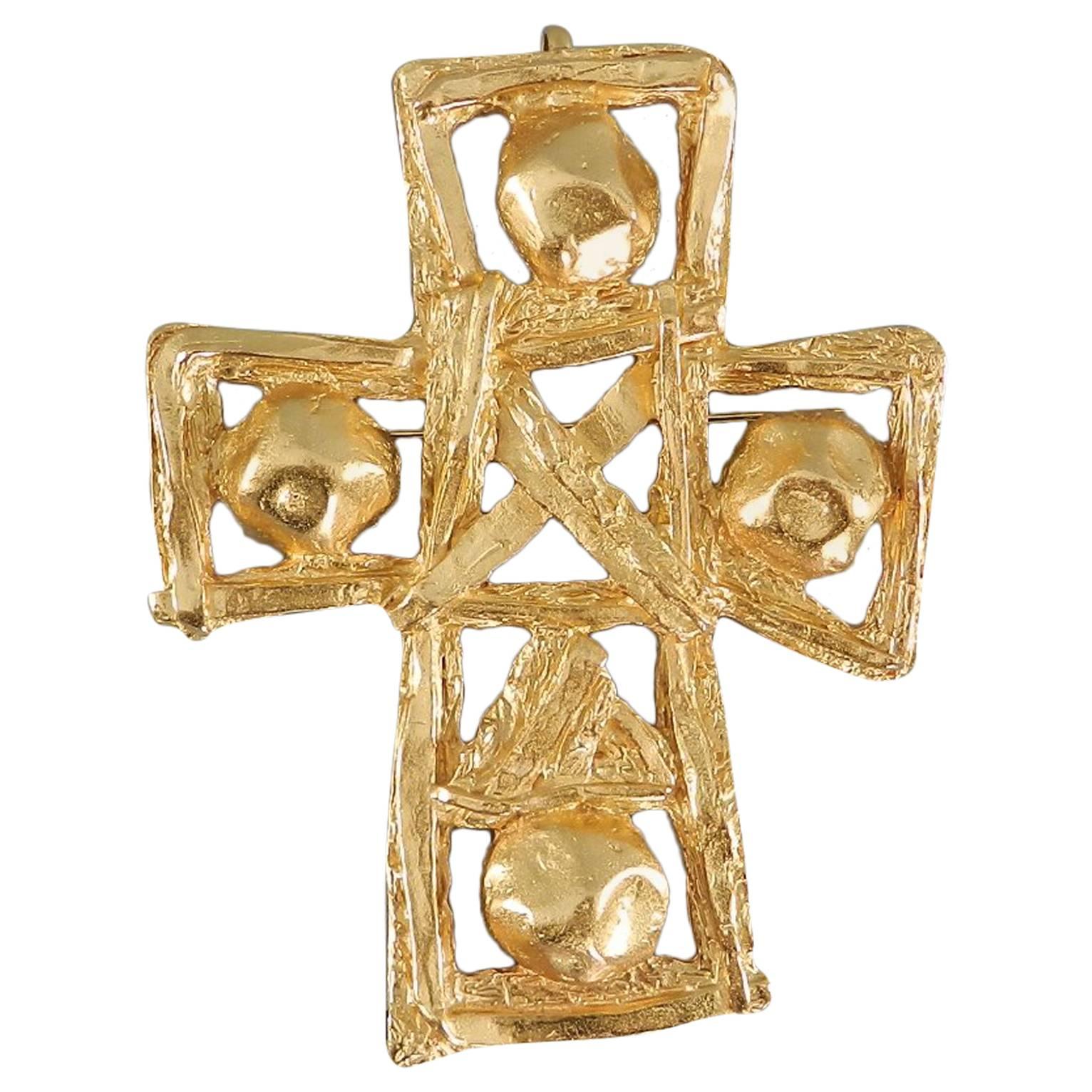 Vintage 1990's Christian Lacroix Large Matte Gold Cross Pin Pendant