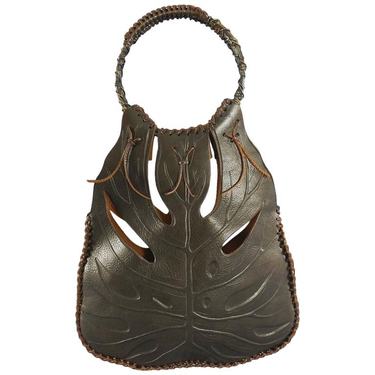Valentino Brown Jungle Leaf Leather Bag with Metal Rings at 1stDibs