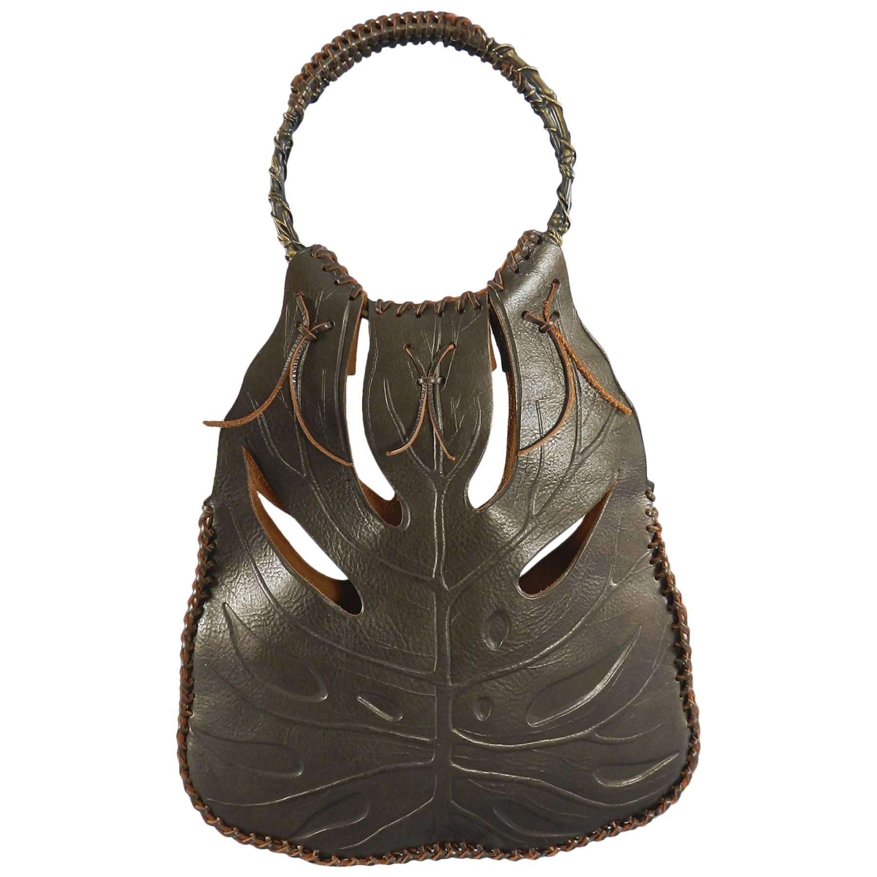 Valentino Brown Jungle Leaf Leather Bag with Metal Rings