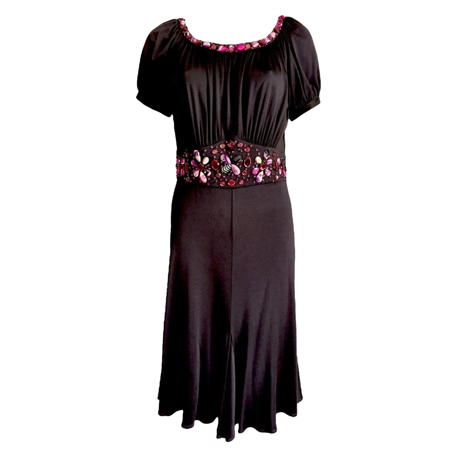 EMILIO PUCCI Schwarzes Midikleid aus Seidenjersey in Drapierung mit Verzierungen S