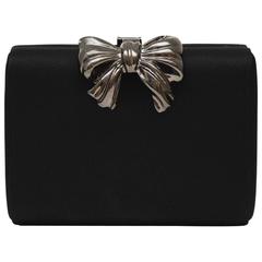 1980s Rodo Black Satin Clutch with Metal Bow Detail 8