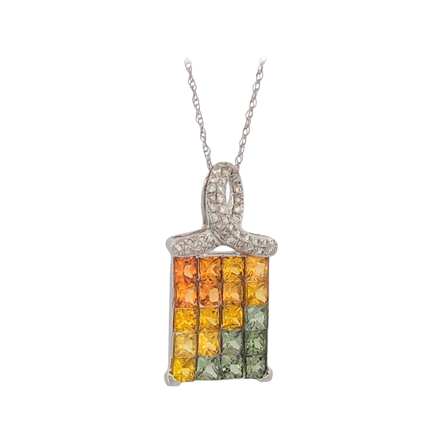 Pendentif Capri en or blanc 14 carats avec saphirs orange, jaune et verts en vente