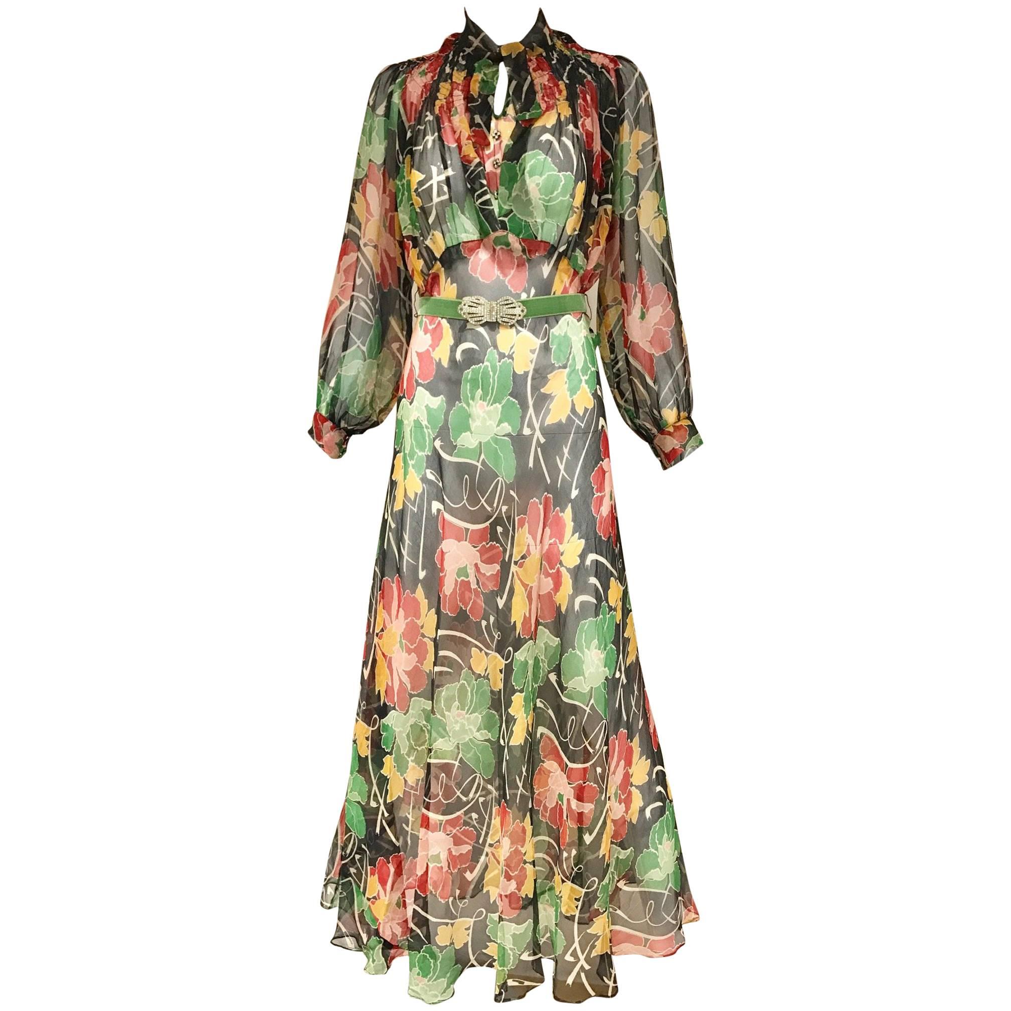 1930s Floral print silk chiffon dress 