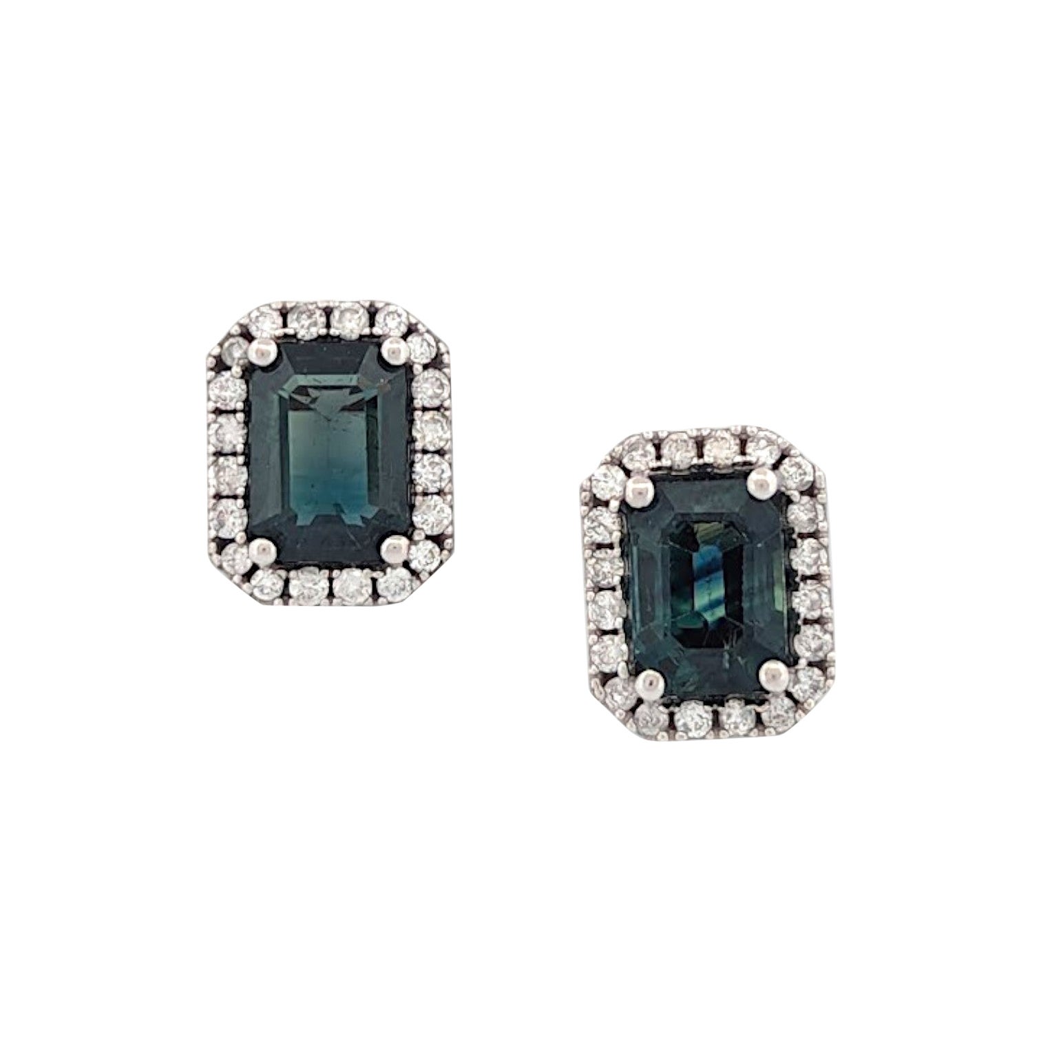 Boucles d'oreilles en saphir vert Aven  Boucles d'oreilles en or blanc 14 carats avec diamants ronds naturels
