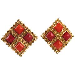 Edouard Rambaud Paris Signed Byzantine Clip On Earrings Red & Orange Color 12