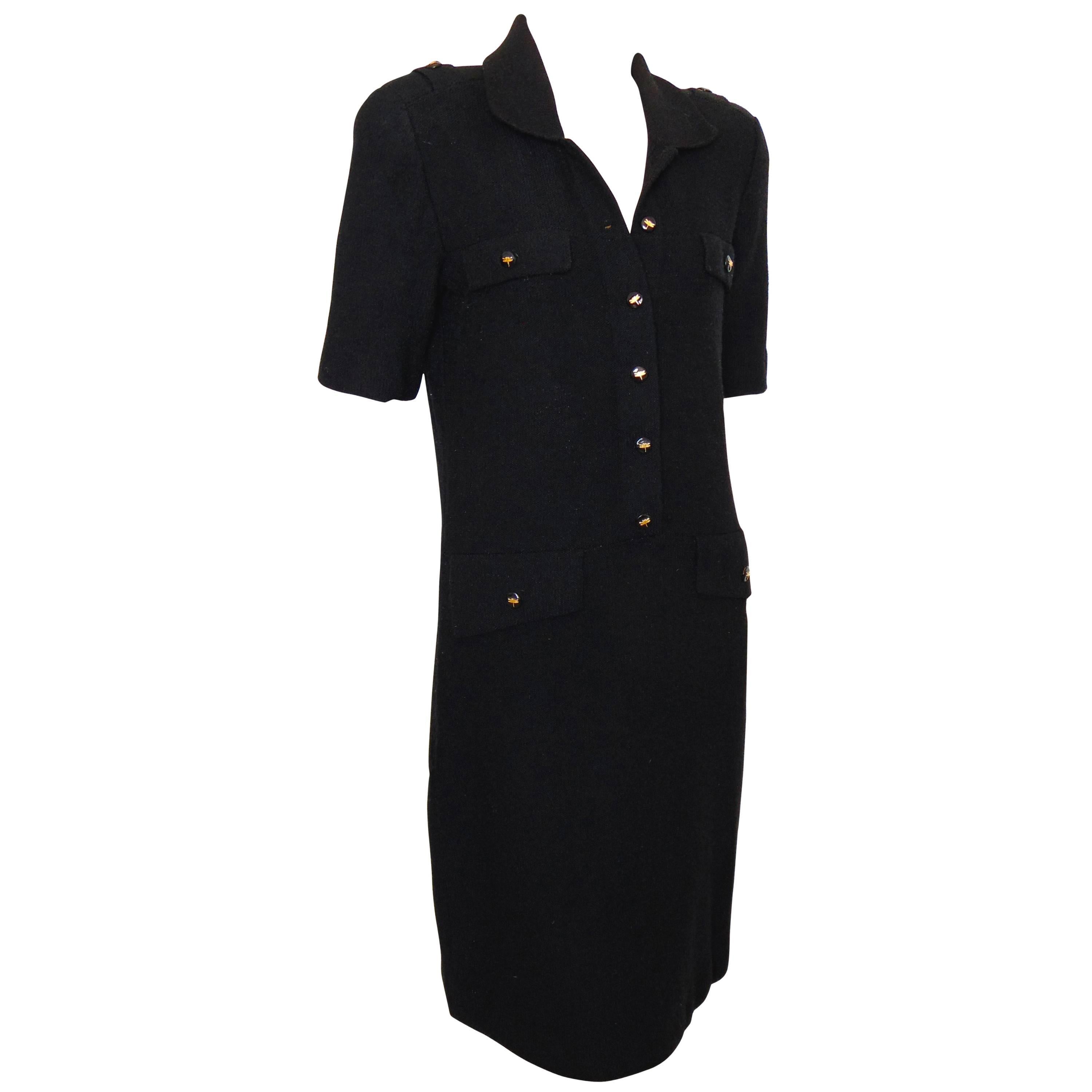 Steve Fabrikant for Neiman Marcus Black Knit Dress with Dragonfly Buttons M 90s