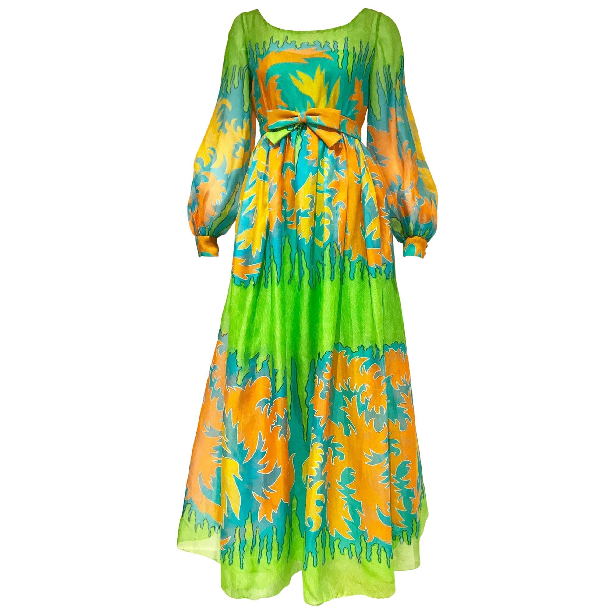 1970s Malcolm Starr green silk print maxi dress