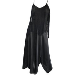 Amazing 1970s Black Disco Fringe Handkerchief Hem Flapper Style Vintage Dress 