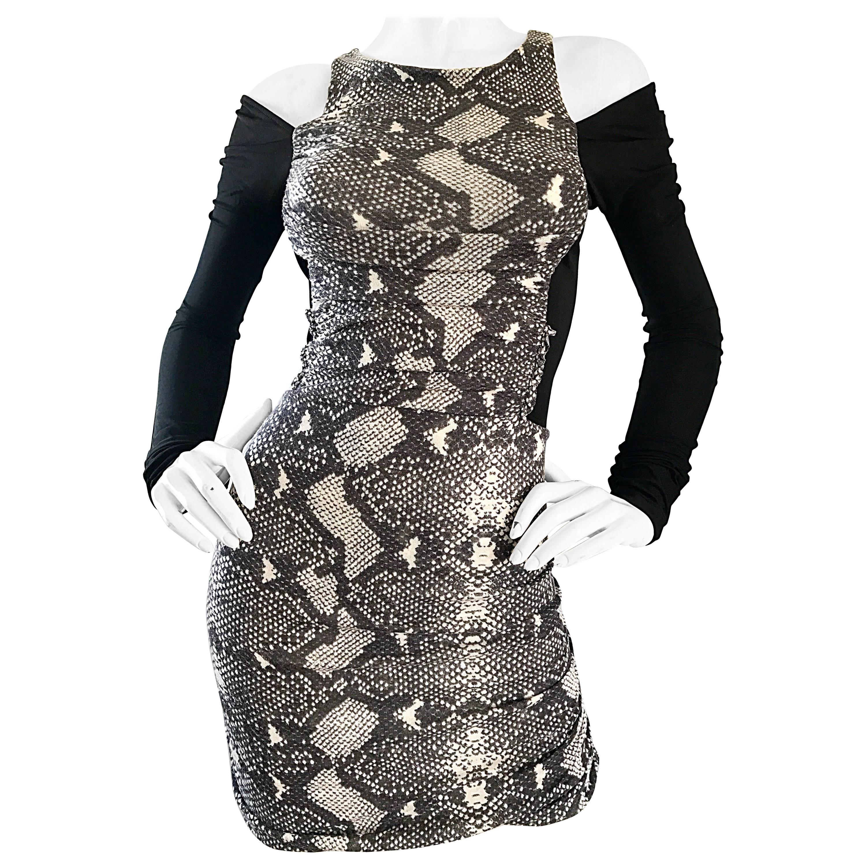 1990s PIERRE BALMAIN Black and White Snakeskin Cold Shoulder Sexy Dress For Sale