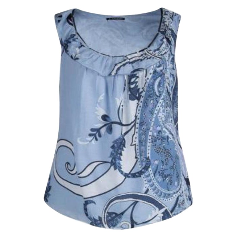 Elie Tahari Pulverblaues ärmelloses Top aus bedruckter Baumwolle mit Rüschendetail XL im Angebot