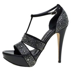 Gina Black Crystal Embellished Leather T Strap Platform Sandals Size 38