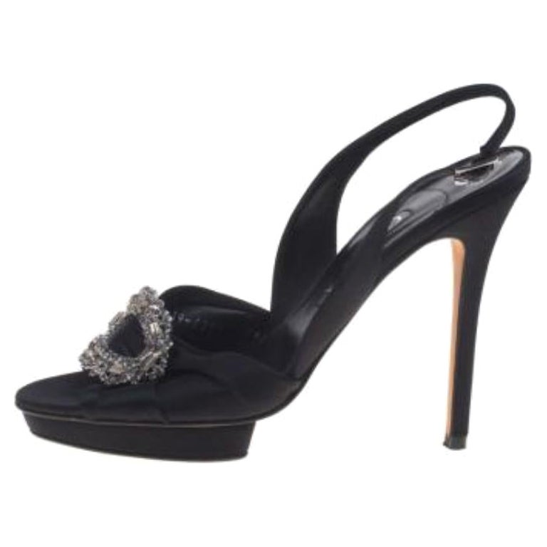 Gina Black Satin Brooch Embellished Slingback Sandals Size 39.5 en vente