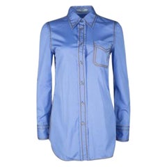 Prada Blue Cotton Contrast Embroidered Long Sleeve Button Front Shirt S