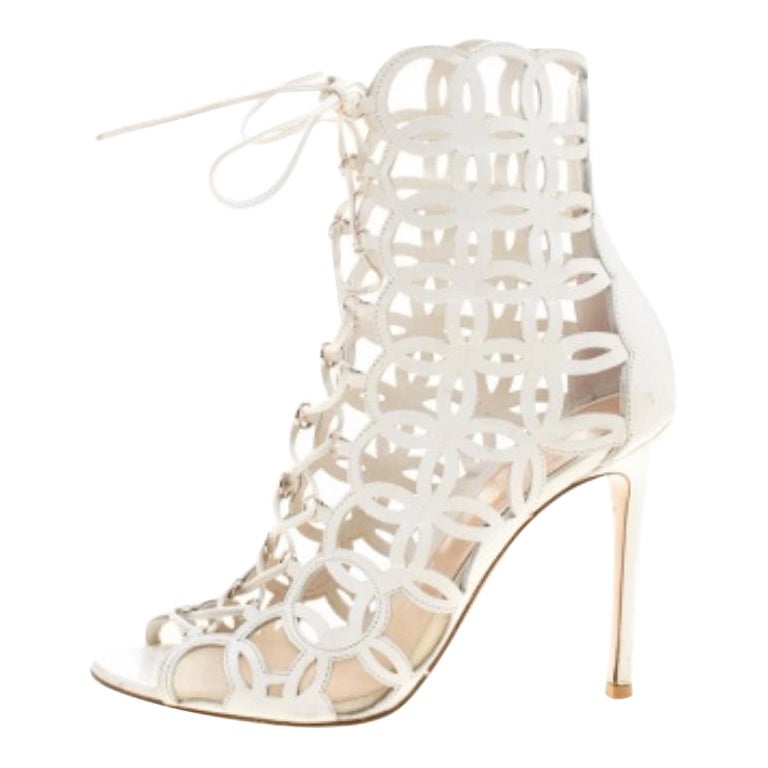 Gianvito Rossi White Cutout Leather Lace Up Peep Toe Sandals Size 37