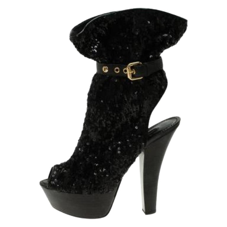 Louis Vuitton - Bottines à bout ouvert en cuir et sequins noirs, taille 37 en vente