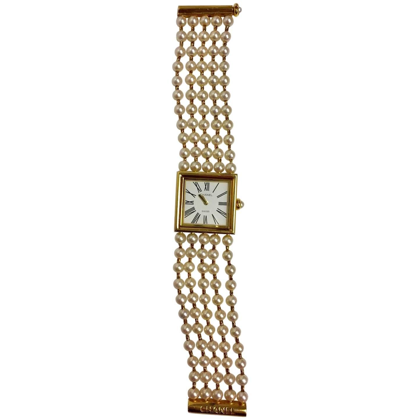 Vintage Chanel 18 Karat Yellow Gold and Pearl Mademoiselle Wristwatch 