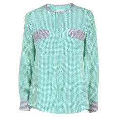 Equipment Green Printed Contrast Trim Detail Long Sleeve Silk Blouse M