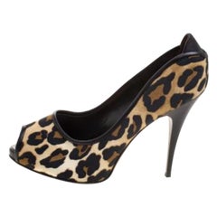 Giuseppe Zanotti Leopard Print Canvas Peep Toe Pumps Size 38.5