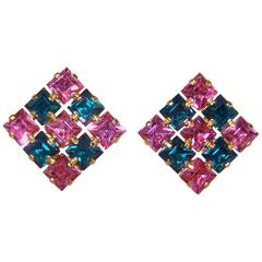1950's Pink & Green Austrian Crystal Rhinestone Earrings 3