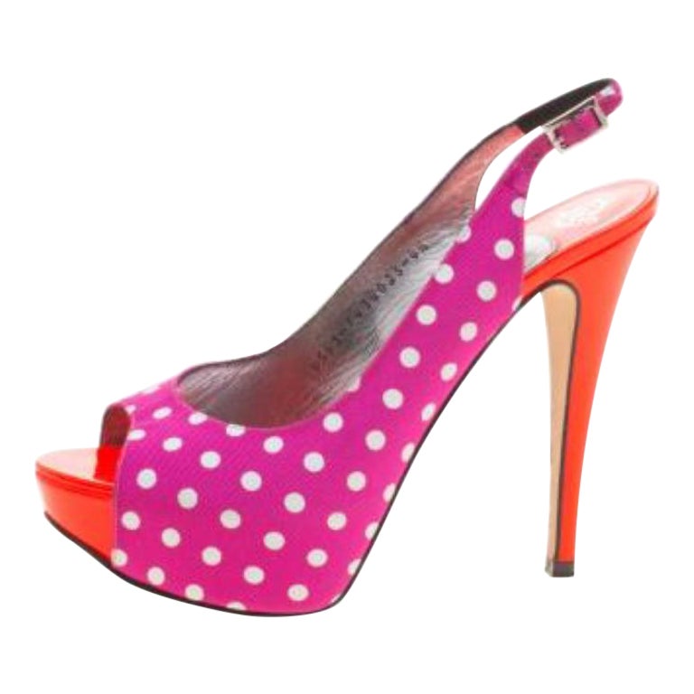 Gina Purple Polka Dot Fabric Peep Toe Slingback Sandals Size 37.5 en vente