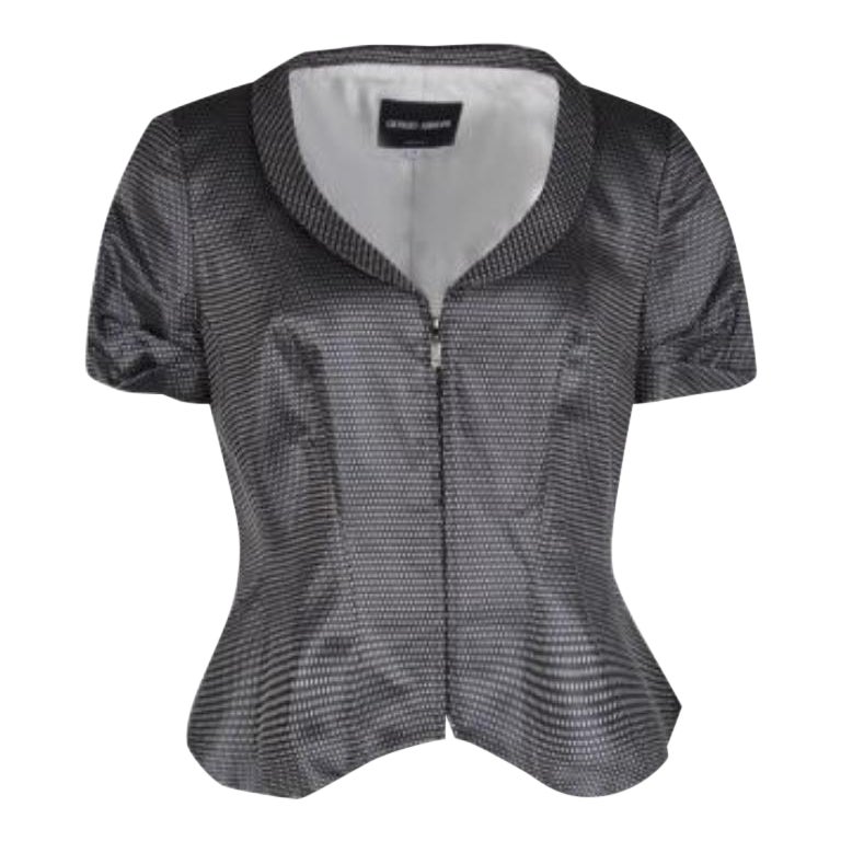 Giorgio Armani Dark Grey Dotted Jacquard Short Sleeve Zip Front Jacket L