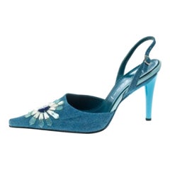 Casadei Blue Denim Pointed Toe Slingback Sandals Size 37.5