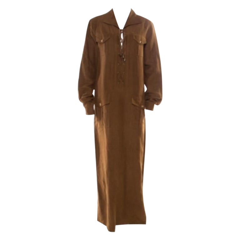 Micahel Kors Pecan Brown Lin Silk Lace Up Safari Dress L en vente