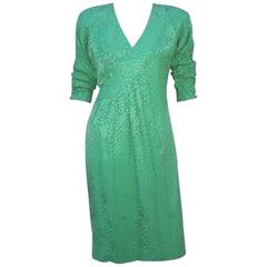 Vibrant 1980's Hanae Mori Green Silk Jacquard Polka Dot Dress