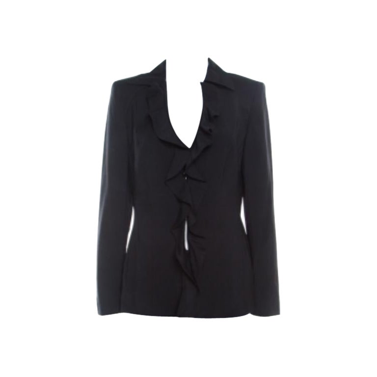 Escada Schwarze geraffte Jacke aus Wollkrepp mit Knopfleiste vorne, M im Angebot