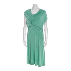 Escada Aqua Green Knit Ruched Draped Front Sleeveless Dress L