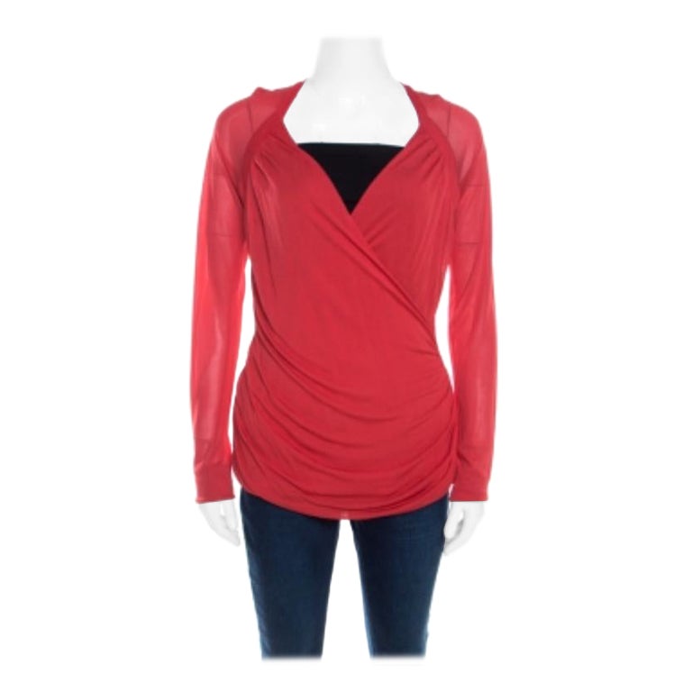 Escada Lipstick Red Stretch Knit Draped Faux Wrap Bodice Top M