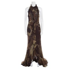 Escada Green and Brown Fauna Print Plisse Silk Ruffled Halter Maxi Dress M