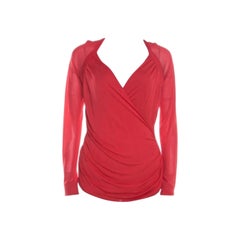 Escada Red Knit Ruched Crossover Front Long Sleeve Top L.L.A.