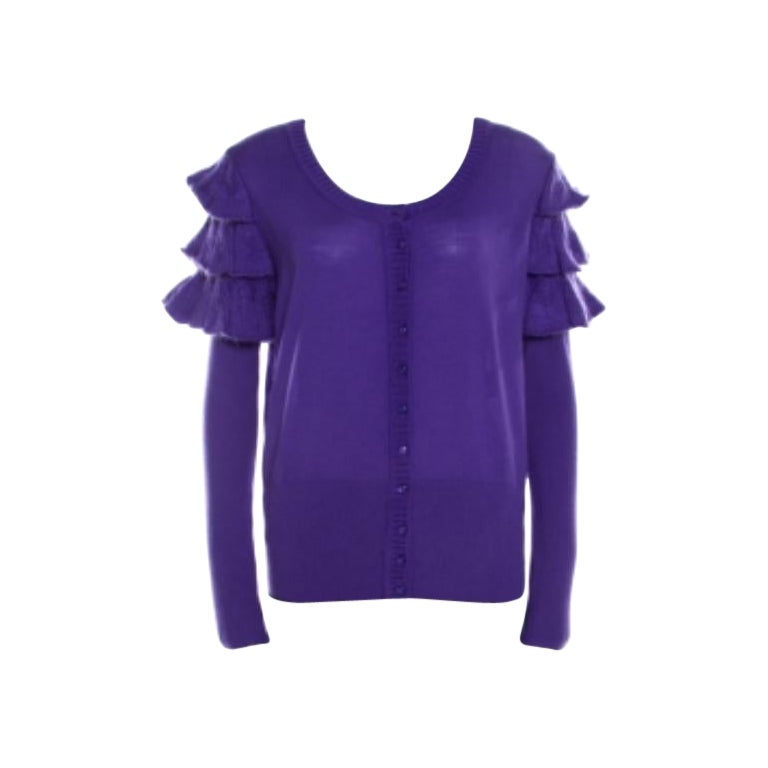 Escada Purple Mohair Wool Ruffle Tiered Detail Button Front Cardigan L