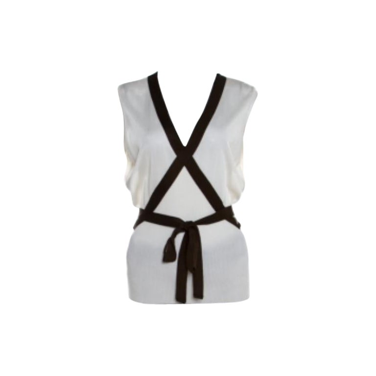 Escada Cream Knit Contrast Tie Up Trim Sleeveless Top L.