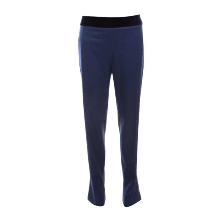 Escada Pantaloni a vita alta in gabardina di lana elasticizzata blu con finiture in velluto M. I. in vendita