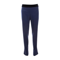 Escada Pantaloni a vita alta in gabardina di lana elasticizzata blu con finiture in velluto M. I.