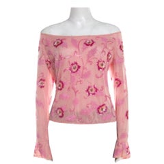 Escada Camicetta Off Shoulder con sovrapposizione di tulle rosa e decorazioni floreali L.L.