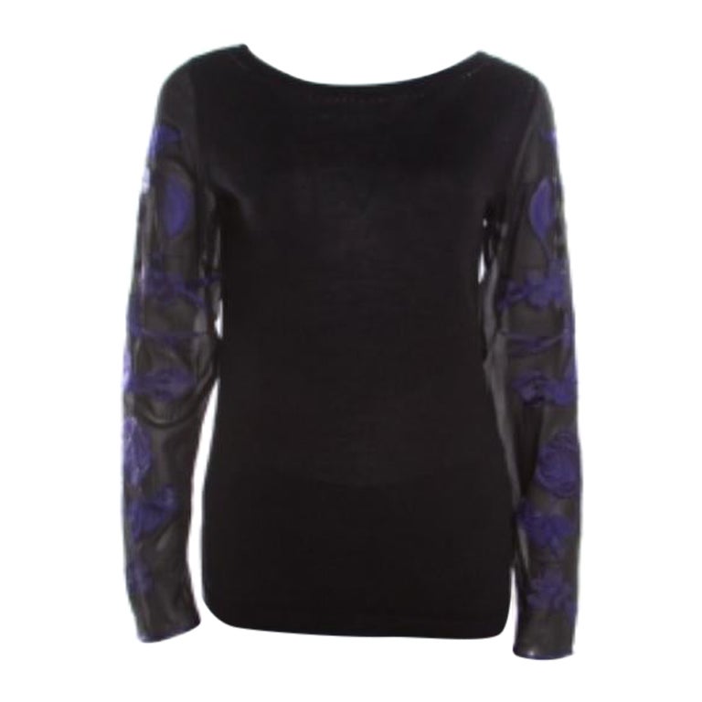 Escada - Top a maniche lunghe con ricami floreali in maglia di lana e seta nera - S in vendita
