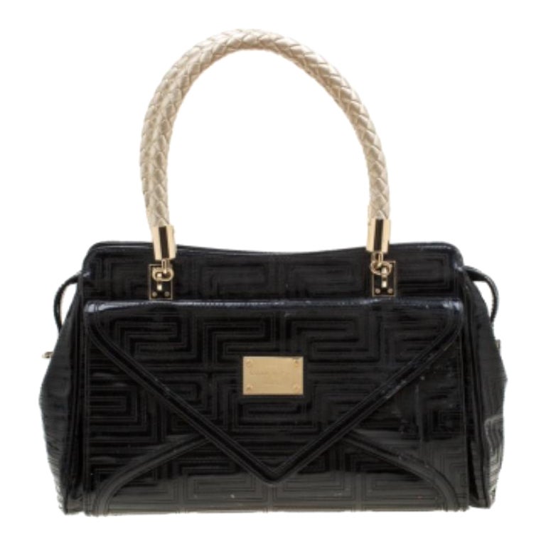 Versace, borsa in pelle verniciata trapuntata nero/oro