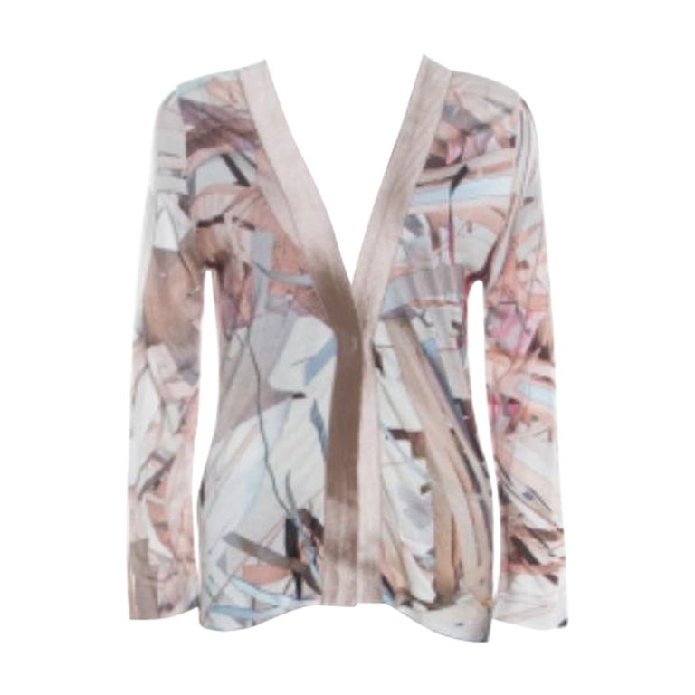 Escada - Cardigan en maille à boutons, imprimé abstrait, brun et plumes S