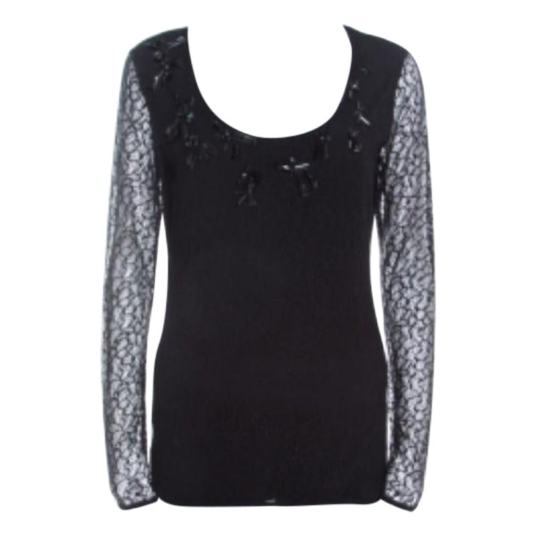 Escada Top nero in jersey con pizzo e cristalli impreziosito dal collo alto di Erbrou S