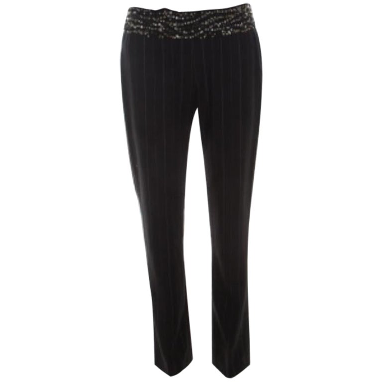 Escada - Pantaloni a vita alta con dettaglio in lana gessata nera - S